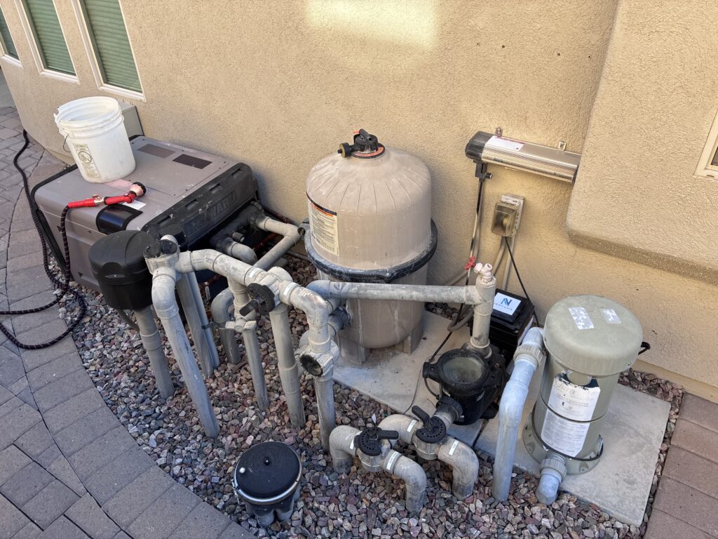 Residential pool equipment including pump, filter, heater and plumbing